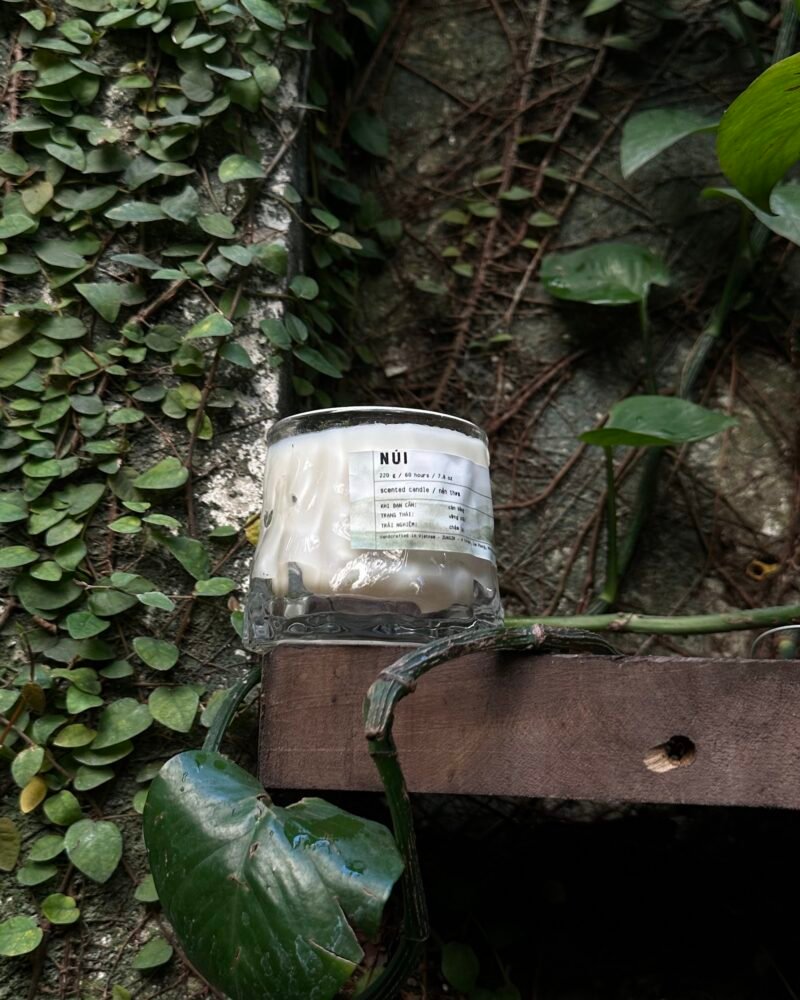 A ZUNGZA glass candle jar among green leaves — A morning by the Da river