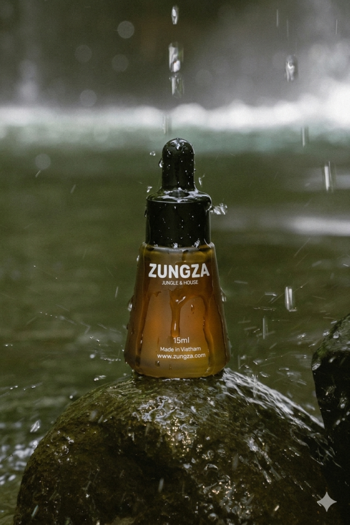 Chai tinh dầu ZUNGZA đặt giữa khung cảnh thiên nhiên - Một chai nước hoa gồm những gì