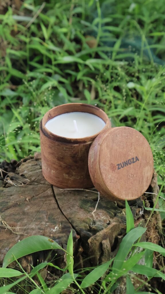 Nến thơm vỏ quế ZUNGZA đặt giữa nền rêu và tán dương xỉ - Nến quế thơm mùi gì