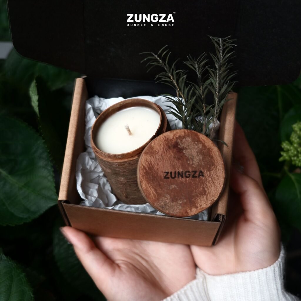 Nến thơm vỏ quế ZUNGZA đặt giữa nền rêu và tán dương xỉ - Nến vỏ quế làm quà tặng