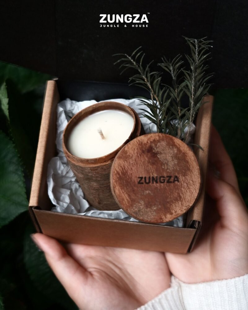 ZUNGZA cinnamon bark candle set among moss and ferns — The cinnamon bark candle as a gift